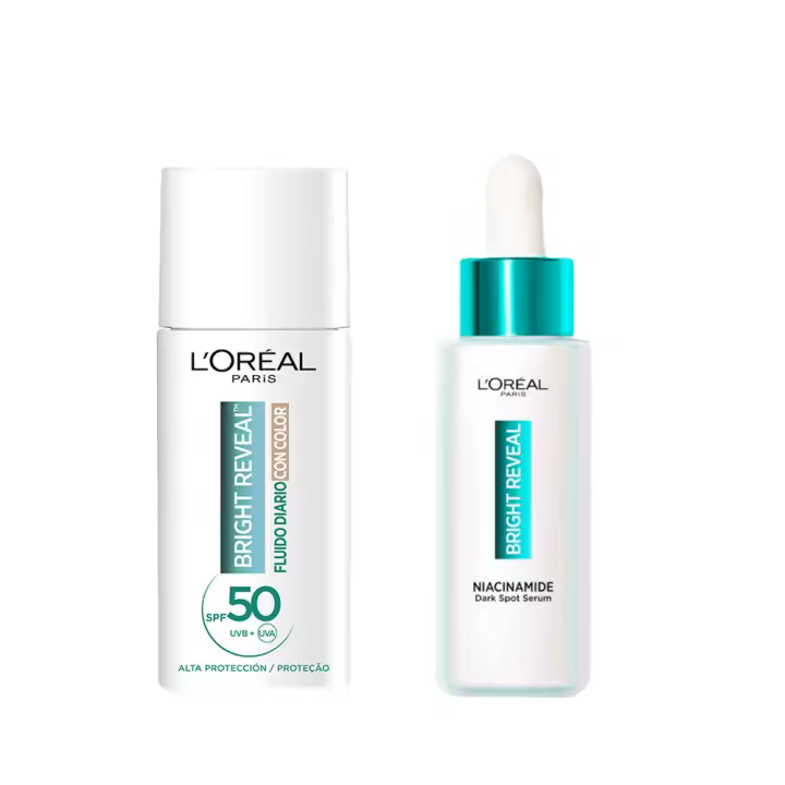L'ORÉAL PARIS | Bright Reveal  Fluido Diario con Color  y Niacinamida Protección muy alta SPF50 Tono Medio 50ML +  Bright Reveal Serum Niacinamida Anti-Manchas 30ML - 1