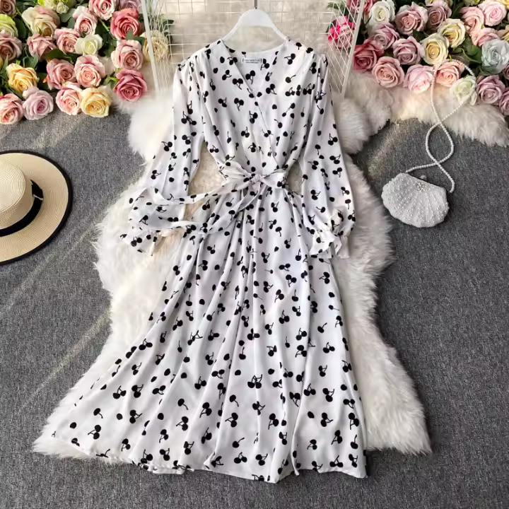 Vestido Vintage YuooMuoo Para Mujer Manga Larga Con Cierre De Encaje Longitud Media Pierna Estilo Coreano Fashion A-Line V-Neck Sashes - 1
