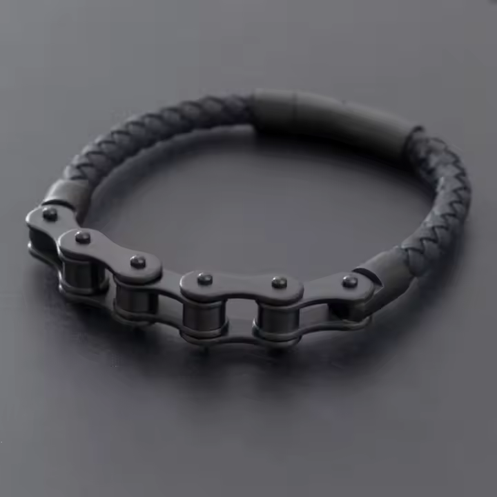 Pulsera De Cuero Trenzado Con Cadena De Bicicleta Y Hebilla De Metal Estilo Punk Retro Para Hombres Joyería De Fiesta De Motocicleta Y Ciclismo - 1