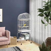 PawHut Jaula de Pájaros con Ruedas Jaula de Aves Exterior con Bandeja Extraíble Rejilla 2 Cuencos de Acero Inoxidable Estante y Percha para Periquitos Canarios 51x51x153 cm Blanco - details 1