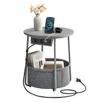Mesa Auxiliar Redonda con Tomas de Corriente y Cesta de Tela - Espaciosa Mesa Lateral para Salón, Dormitorio o Mesita de Noche, Estilo Moderno - details 8