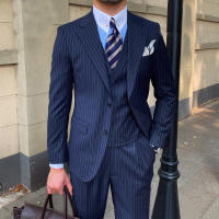 Traje De Boda Formal Slim Fit 3 Piezas Color Sólido Azul Marino Conjunto De Traje De Negocios Con Chaleco Pantalones Y Chaqueta Para Hombres - details 2