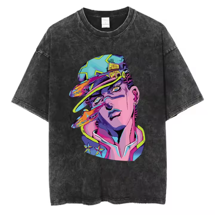 Camiseta Vintage Lavada Para Hombre Verano Estilo Hip Hop Streetwear Impresión De Anime JoJo Bizarre Adventure Algodón Casual Manga Corto - 1