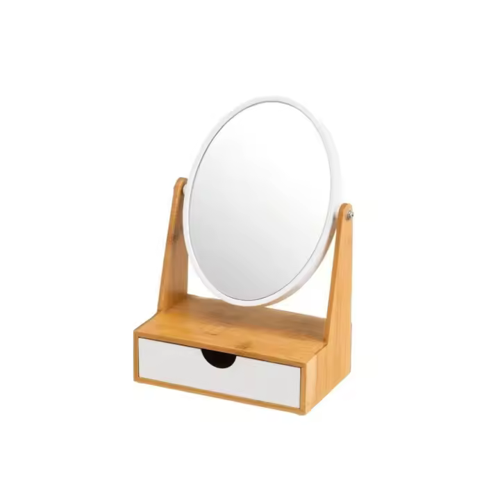 STARLEY - Espejo de Maquillaje Doble Cara • Espejo 1X/2X • Base de Bambú Natural con Cajón • Espejo de Mesa Portátil 17x10x25 cm • Ideal para Maquillaje y Cuidado Diario - 1