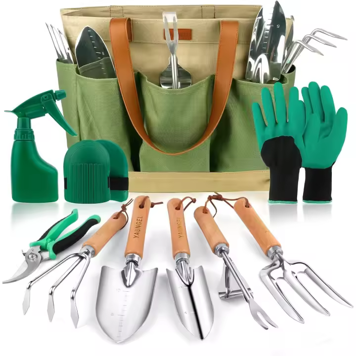 Juego de herramientas de jardinería de acero inoxidable resistente de 10 piezas con mangos de madera antideslizantes - Verde - 1