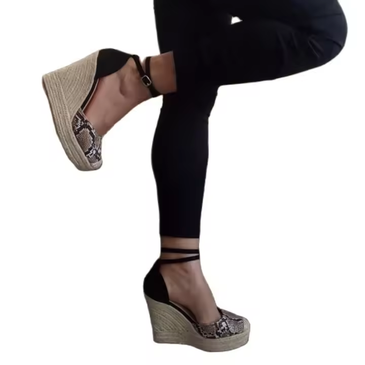 Sandalia mujer Plataforma, Cuña de Esparto, Cordones Tobillo, Antelina Negra, Rojos, Plata, Dorado, Zapato Alpargatas - 1