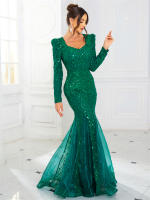 Vestido De Noche Maxi Con Encaje Y Lentejuelas Fishtail Elegante De Organza Patchwork Con Manga Larga V-Neck Verde Azul Formal Para Mujer - details 3
