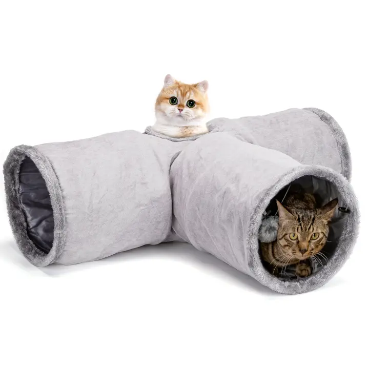 Nobleza - Tunel para Gatos en Gamuza, Túnel de 3 vías para Interiores con 1 Agujeros y Bola suspendida Juguetes para Gatos Gris - 1