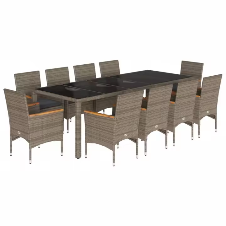 vidaXL Set comedor jardín 11 pzas cojines ratán sintético vidrio gris - 1