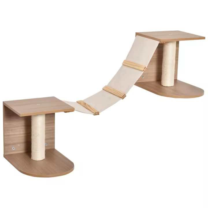 PawHut Estantes de Pared Gatos Escaleras de Tela para Gatos con Plataformas y Postes Rascadores de Sisal Centro de Actividades de Escalada 129x40x31,5 cm Marrón Claro - 1