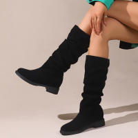 Botas De Media Caña Cómodas Para Mujer Con Punta Redonda, Slip-on, Tacón Medio, Plataforma, Upper De Tela, Suela De TPR, Diseño Clásico. - details 4