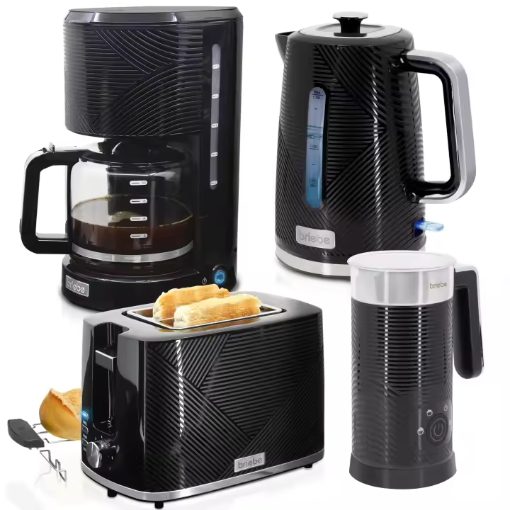 Briebe SKT1185BLK Elegance Set Tostador Pan 2 Rebanadas, Hervidor Agua Eléctrico Cafetera 1,25L Espumador Leche, 2200W, Negro - 1