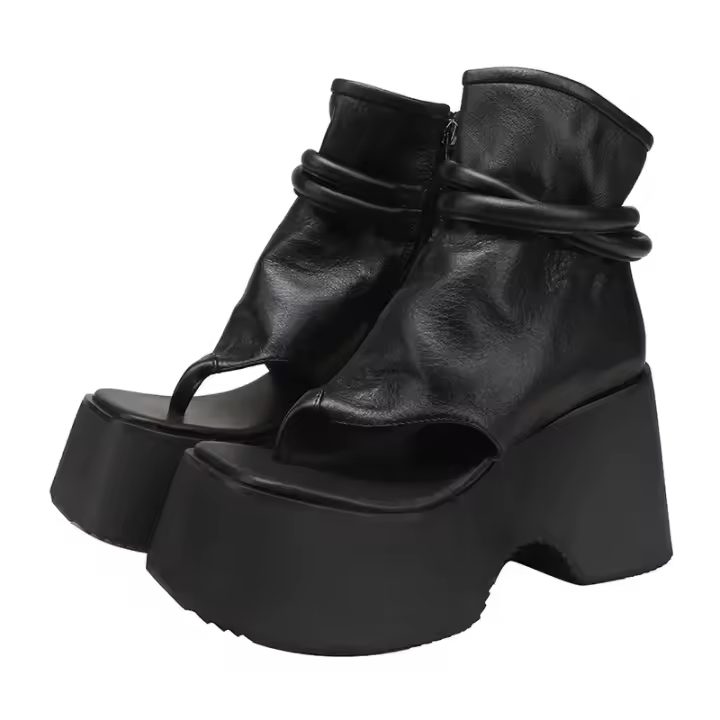 Sandalias De Verano Para Mujer Con Tacón Ancho Plataforma Cuña Cordones De Cuero Genuino Estilo Gladiador Con Corte Y Banda Delgada Botas De Tobillo Con Cordones De Anclaje - 1