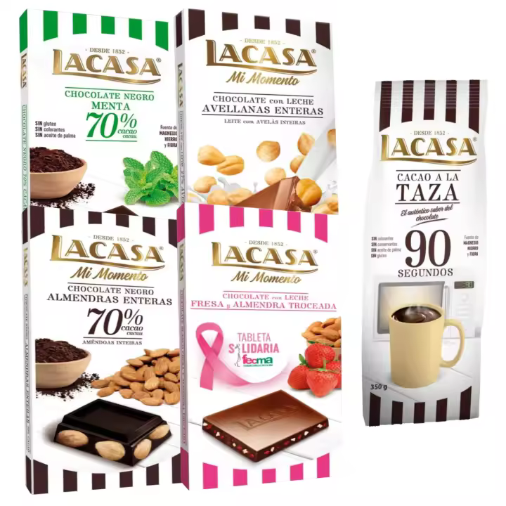 Lacasa pack 5 tabletas de chocolate: taza 90 segundos 350g,leche avellanas , leche fresa y almendra , menta , almendra 200g - 1