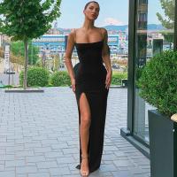 Vestido Slim Para Mujer Con Abertura Y Halter De Color Sólido Vestido Largo De Fiesta Elegante Estilo Europeo Y Estadounidense - details 3