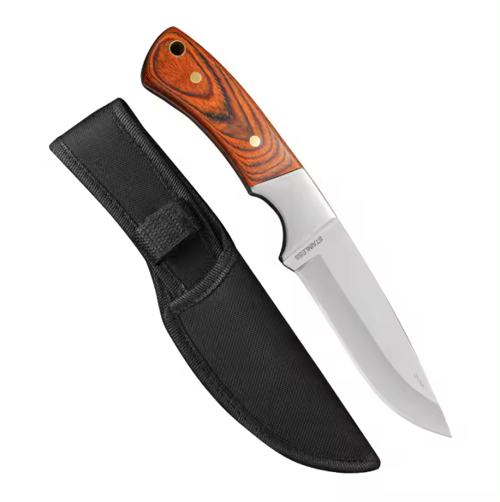 Cuchillo De Sobrevivencia Con Mango De Madera Y Funda De Nylon Herramienta De Pesca Y Caza Para Camping Y Tácticas - 1