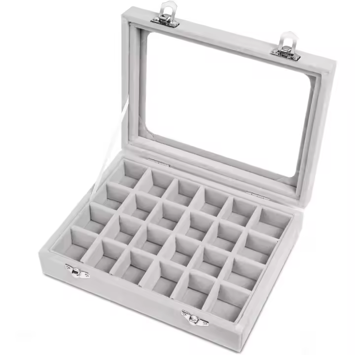 Bandeja de terciopelo de 24 rejillas para joyas, con tapa transparente de vidrio, para exhibir anillos, pendientes y organizar, color gris. - 1