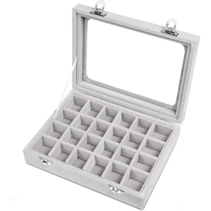 Bandeja de terciopelo de 24 rejillas para joyas, con tapa transparente de vidrio, para exhibir anillos, pendientes y organizar, color gris. - 1