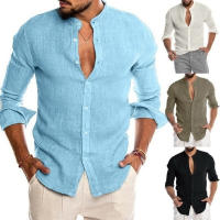 Camisa Casual Para Hombre De Manga Larga Cuello Erguido Color Sólido Material De Algodón Estilo Clásico Para Primavera Y Otoño - details 0
