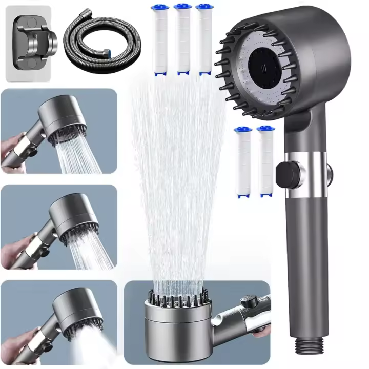 Cabezal de Ducha de Alta Presión, Cabezal de Ducha Ahorrador de Agua con Manguera de 1.5m y Soporte, 4 Modos Ajustables Compatible con Baños, Anticalcificación. - 1