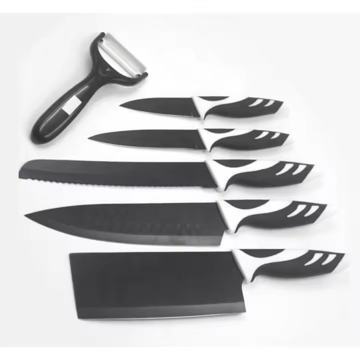 Lolek Set de 5 Cuchillos de Acero Negro con Pelador de Patatas de Cerámica, Hacha de Cocina, Cuchillo Chef, Cuchillo Pan, Pelador y Rebanador - 1