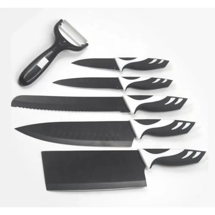 Lolek Set de 5 Cuchillos de Acero Negro con Pelador de Patatas de Cerámica, Hacha de Cocina, Cuchillo Chef, Cuchillo Pan, Pelador y Rebanador - 1
