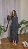 Vestido Maxi De Mujer Elegante Y Fresco Con Puntos Asimétrico Y Manga Larga Detalles De Cinturón Slim A-Line De Chiffon - details 1