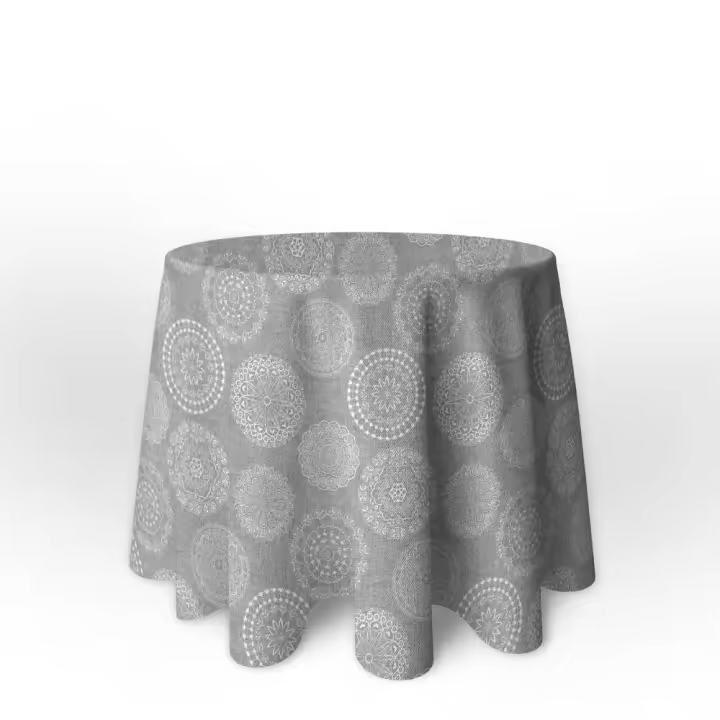 La Fábrica de las Telas - Falda Mesa Camilla Redonda Primavera Verano Loneta estampada mandalas algodón color beige y gris. Faldón Faldilla enagüilla - 1