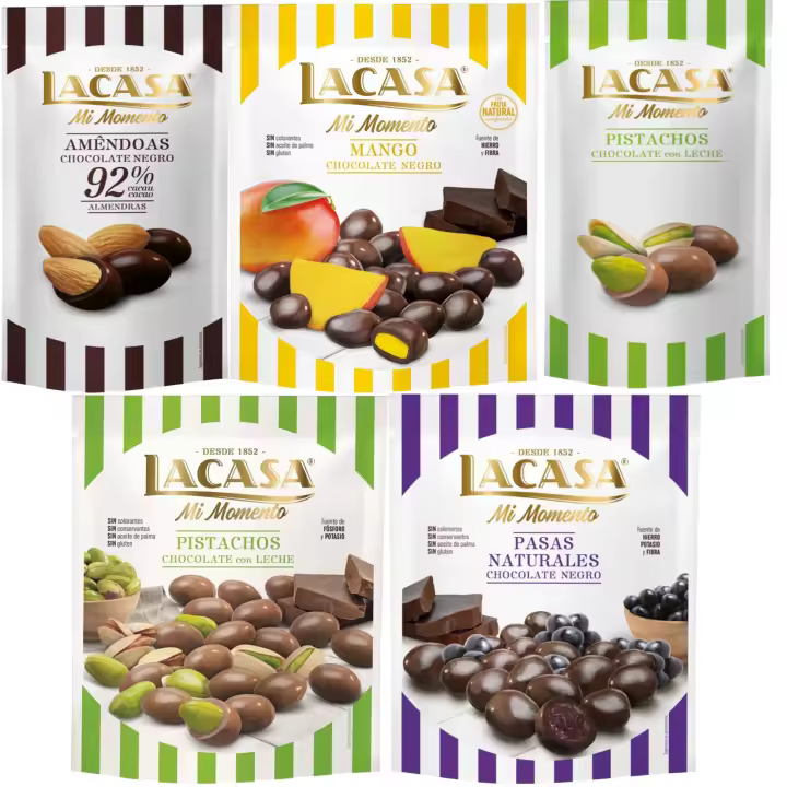 Lacasa Mi Momento pack de 5:Pistacho Chocolate Leche ,Almendra 92% ,Pasas Chocolate Negro ,Pistacho Chocolate Leche,Mango Chocolate Negro - 1