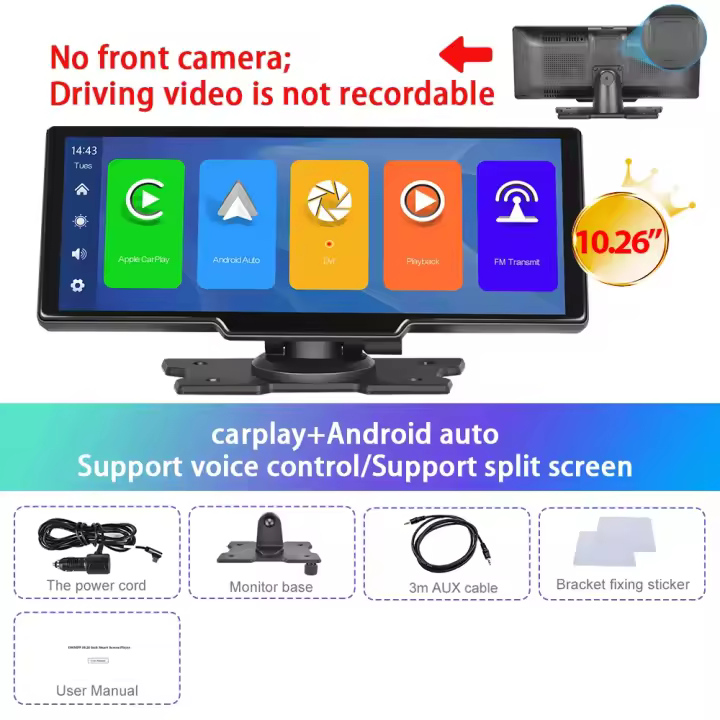 Podofo-cámara trasera HD DVR para coche, Control de voz, Wifi, Android, Auto y Carplay, tablero de recortes de vídeo, BT, FM, espejo de coche, 10,26" - 1