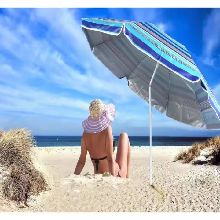 Sombrilla playa 160 cm, Plegado compacto, Azul, Protección UV50, Inclinable y regulable en altura, Mástil acero, revestimiento plateado, 8 varillas, Funda transporte con asa. - 1