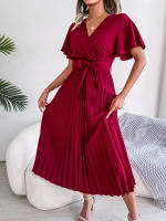 Vestido Maxi Elegante De Cintura Alta Con Volantes Y Mangas De Mariposa Para Mujer Vestido De Fiesta Casual De Polyester - details 3