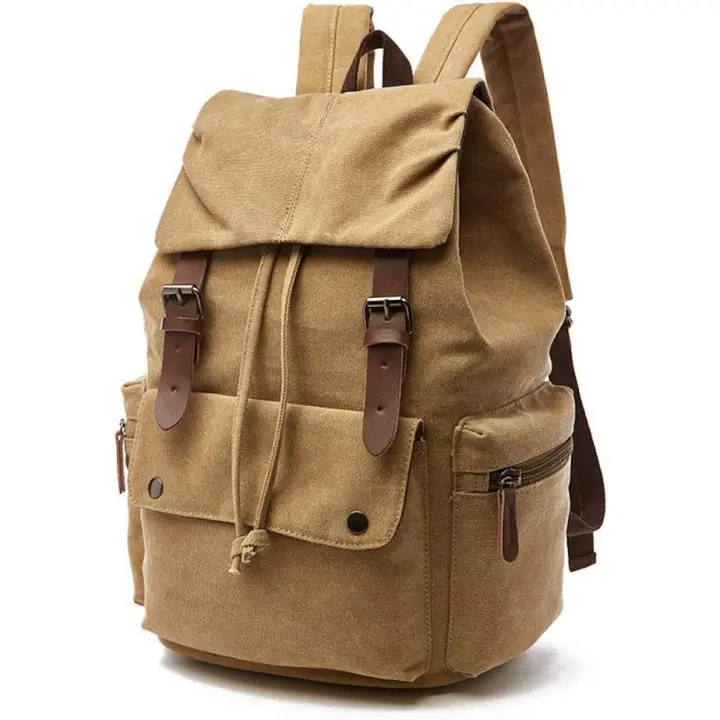 Mochara Retro de Lona para computadora portátil Mochara de Viaje Bolsa de Gran Capacidad Unisex (Caqui) - 1