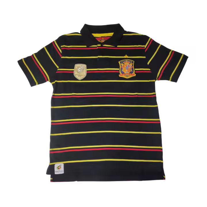 RFEF Polo Negro con rayas amarillas y ronas Selección Española de Futbol Talla M Campeones del Mundo 2010 manga corta Producto oficial Licenciado Escudo bordado 100% Algodón - 1
