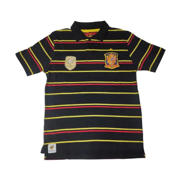 RFEF Polo Negro con rayas amarillas y ronas Selección Española de Futbol Talla M Campeones del Mundo 2010 manga corta Producto oficial Licenciado Escudo bordado 100% Algodón - 1