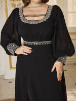 Vestido De Noche Elegante Para Mujer UNITHORSE De Largo Con Cuello En Forma De Cuadrado Manga De Linterna Y Decoración De Lujo Con Diamantes Vestido Largo Para Fiesta - details 0