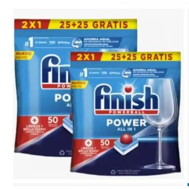 Finish Power All in 1 - Pack de 5 Paquetes De 25+25 (250) Pastillas o Pack De 2 Paquetes De 25+25 (100) Pastillas para lavavajillas sin fosfatos, con potente Powerball para eliminar las manchas de grasa más difíciles. - 1