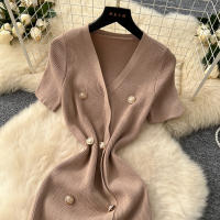 Vestido Tejido REALEFT 2025 Para Mujer Verano Cuello En V Corto Manga Metálico Botones Cintura Alta A-Line Longitud Media - details 8