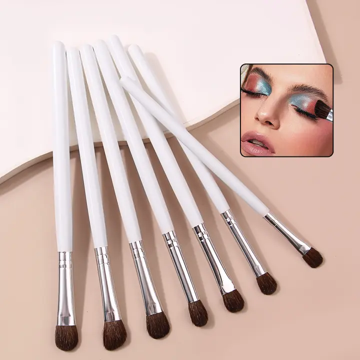 Set De 7 Pinceles De Maquillaje Blancos Con Mango De Madera Larga Pincel De Sombra De Ojos Suave Pincel Para Iluminador Herramienta De Maquillaje - 1