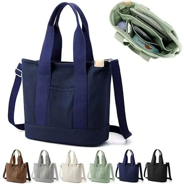 Canvas Handmade Tote Bag with Compartments and Zipper, Women's College School Work Travel Multifunctional Shoulder Bag Green - Smal - 1