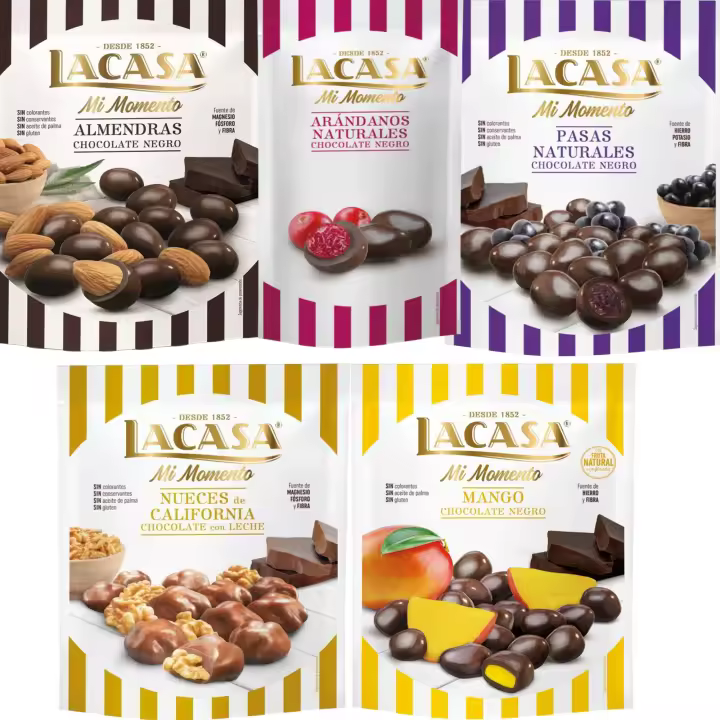 Lacasa Mi Momento pack de 5:Arándano choco Negro 60G,Nueces Leche 115G,Pasas choco Negro 150G,Almendra choco Negro 125G,Mango choco Negro 115G - 1