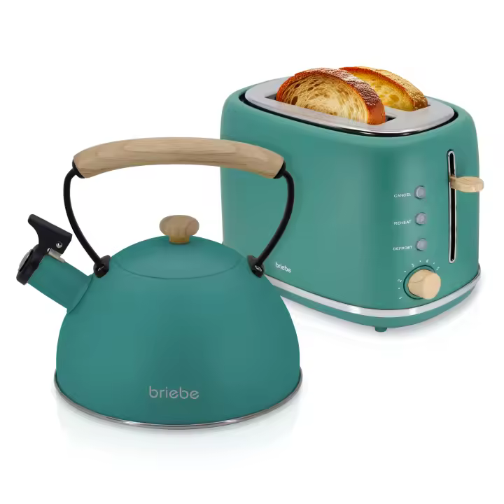 Briebe SKT1177GRE Nordic Set Tostadora Pan Ranura Ancha 2 Rebanadas + Tetera 2,3L Acero Inox, Inducción Libre BPA, 870W, Verde - 1