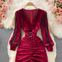 Vestido Bodycon De Veludo Negro/Rojo Para Mujer Vintage Con Cuello En V Y Mangas Largas Patchwork Midi De Otoño Invierno - details 1