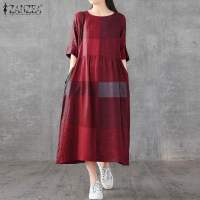 Vestido Midi De Lino Y Algodón ZANZEA Para Mujer Estilo Vintage Cuadros Manga Corta Cuello Redondo Vestidos Casual Verano Con Bolsillos Longitud Hombro a Hombro - details 7