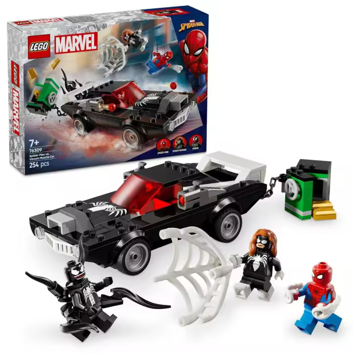 LEGO 76309 Marvel Spider-Man vs. Coche Brutal de Venom, Juguete de Construcción de Superhéroes y 3 Minifiguras inc. Spider-Woman, Regalo para Niños y Niñas de 7 Años o Más - 1
