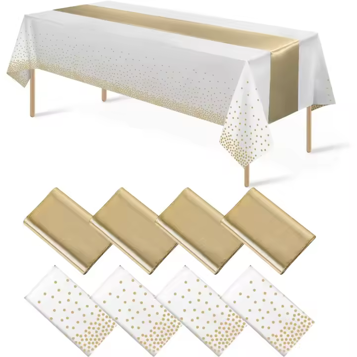 Mantel Desechable De Plástico Satinado With Corredor De Mesa Para Fiesta De Cumpleaños En Blanco Y Dorado With Puntos - 1
