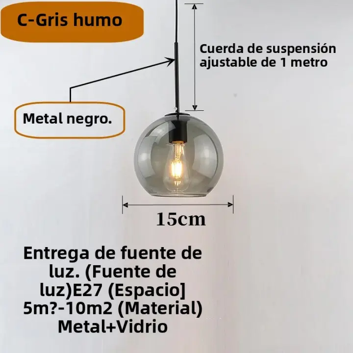 Lámpara Colgante De Vidrio Sférico Minimalista Nórdica En Ambar Fumé Gris Con Metal Antiguo Dorado Para Decoración Interior - 1