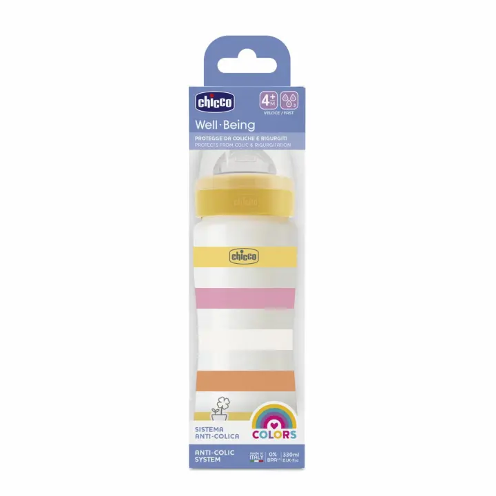 Chicco Well-Being Biberón Anticólicos Flujo Rápido +4M Tetina Silicona 330ml - 1