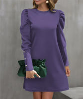 Vestido De Manga Larga Con Volante Y Botones En Cuello Redondo Para Mujer Estilo Oficina Lady Longitud De Rodilla Poliéster Spandex - details 20