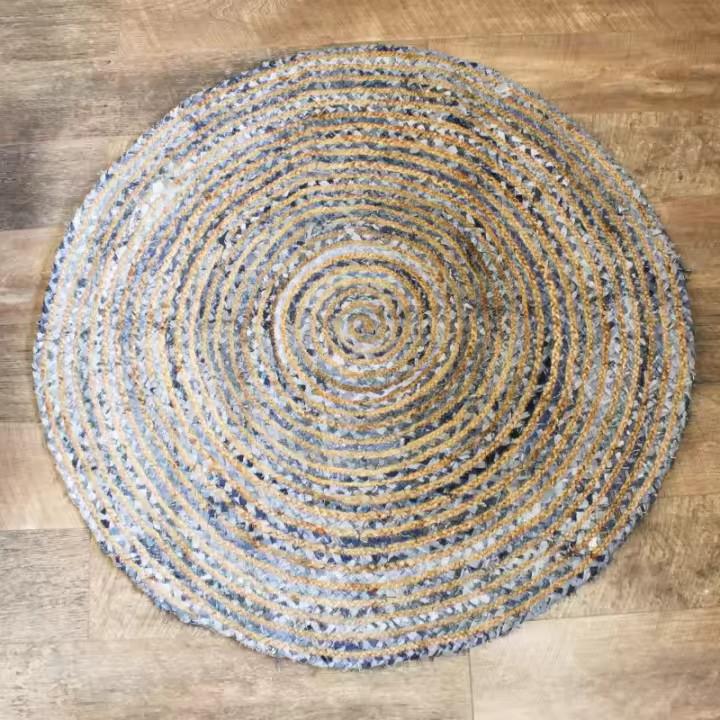 Alfombra Redonda de Yute y Reciclaje de Mezclilla 120 cm - Hecho a mano en India - 1